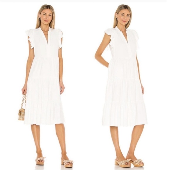 Amanda Uprichard Cream Sheridan Tiered Ruffle Cap Sleeve Midi Dress Size Small - Picture 1 of 16